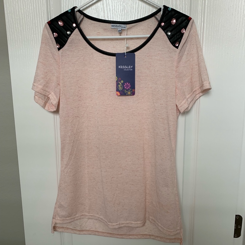 NWT Kessley Pink Top with Jewels, Faux Leather - Size S/M